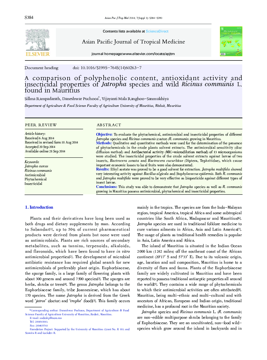 A comparison of polyphenolic content, antioxidant activity and insecticidal properties of Jatropha species and wild Ricinus communis L. found in Mauritius 