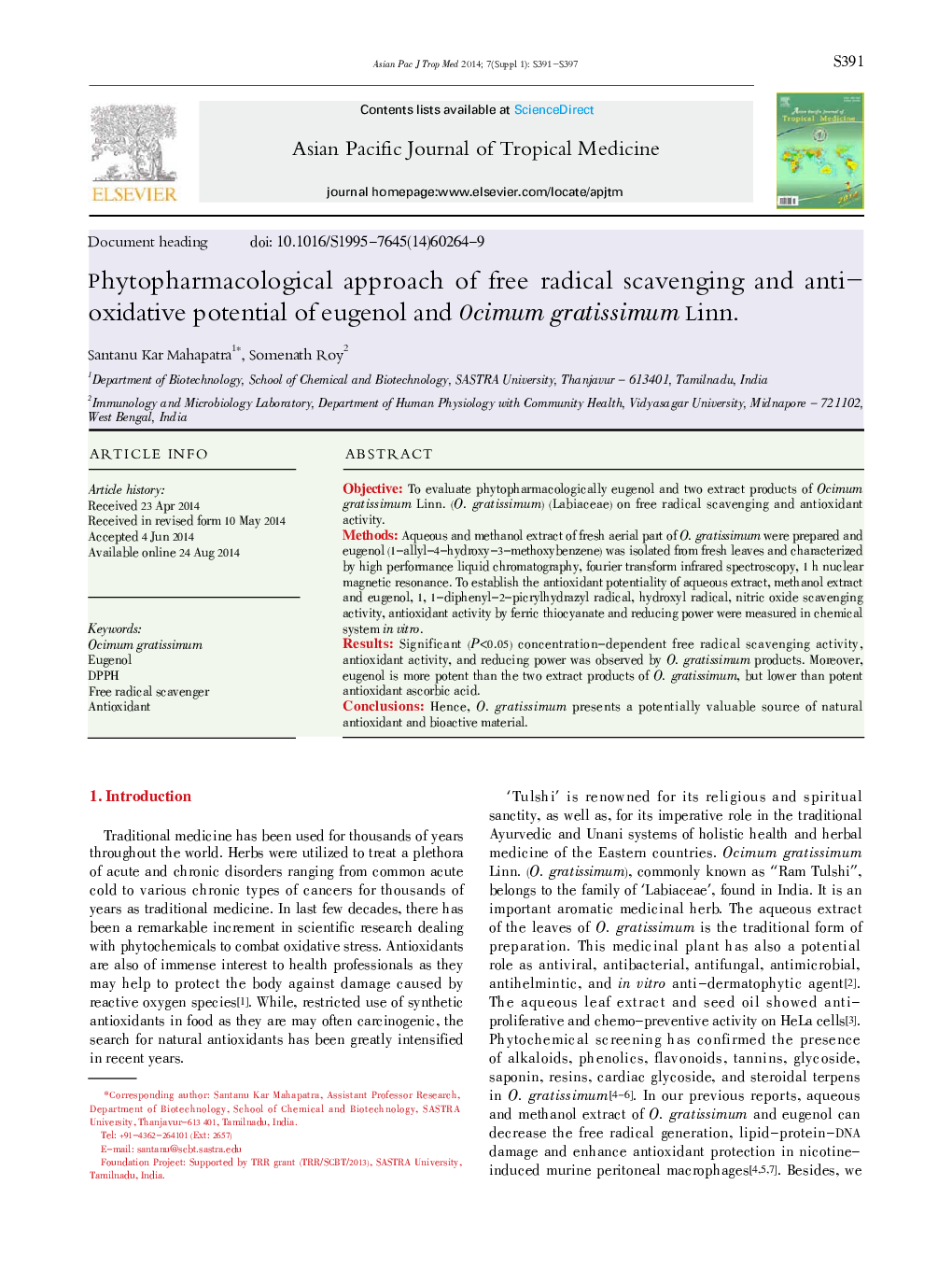 Phytopharmacological approach of free radical scavenging and anti-oxidative potential of eugenol and Ocimum gratissimum Linn. 