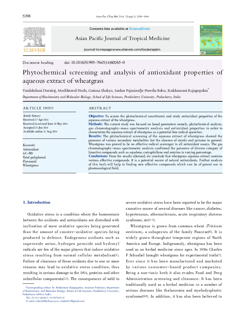 Phytochemical screening and analysis of antioxidant properties of aqueous extract of wheatgrass 