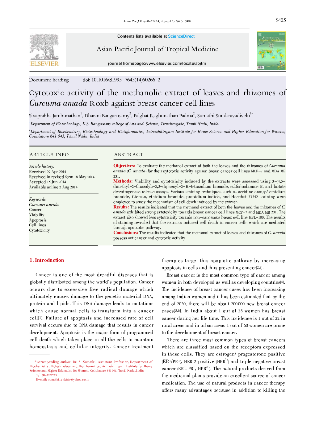 Cytotoxic activity of the methanolic extract of leaves and rhizomes of Curcuma amada Roxb against breast cancer cell lines 