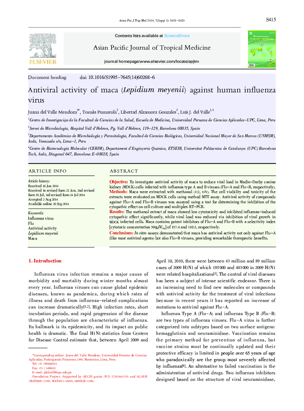 Antiviral activity of maca (Lepidium meyenii) against human influenza virus 