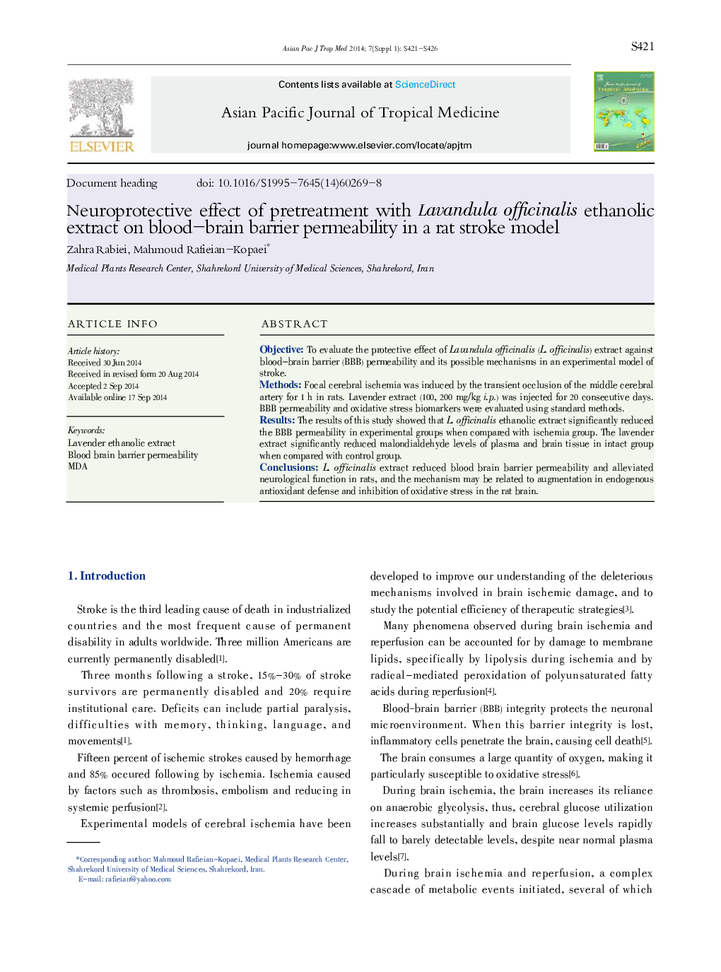Neuroprotective effect of pretreatment with Lavandula officinalis ethanolic extract on blood-brain barrier permeability in a rat stroke model 