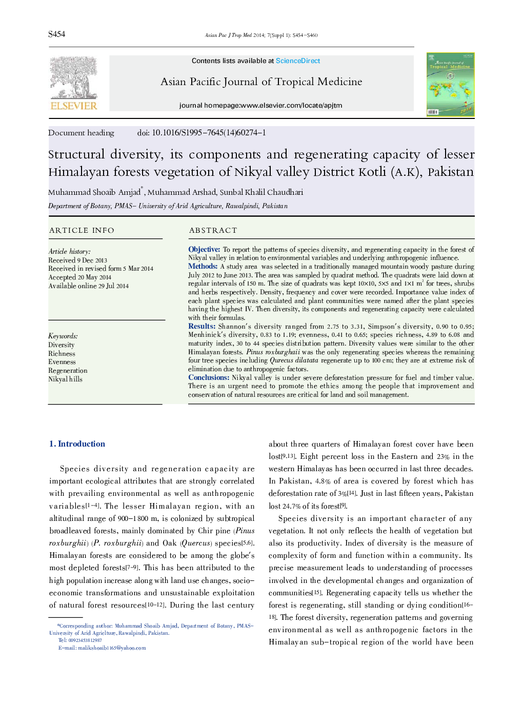 Structural diversity, its components and regenerating capacity of lesser Himalayan forests vegetation of Nikyal valley District Kotli (A.K), Pakistan 