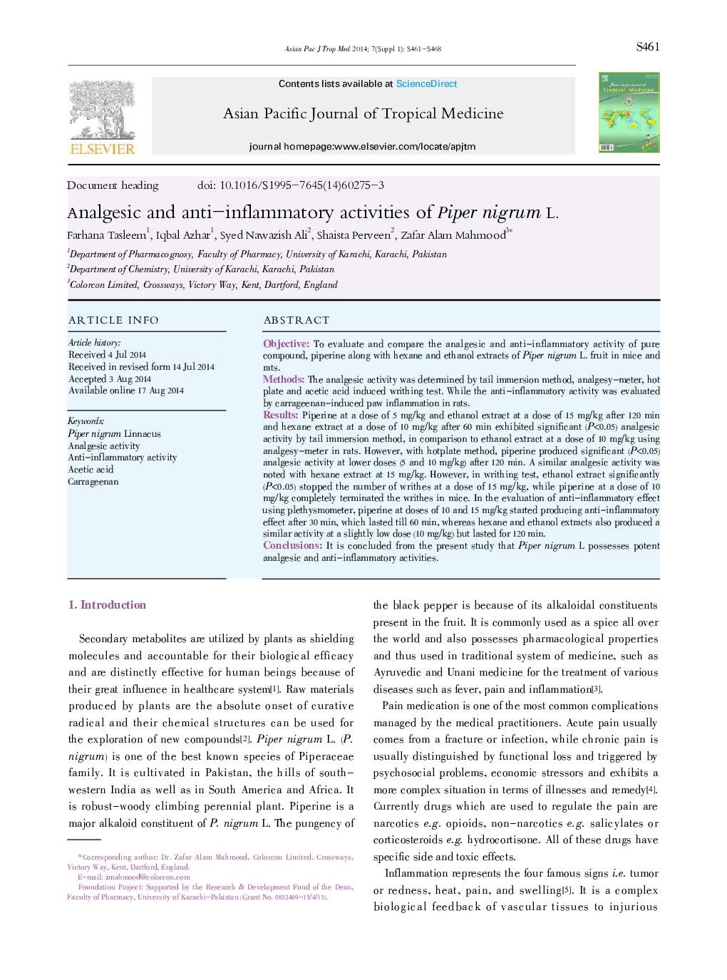 Analgesic and anti-inflammatory activities of Piper nigrum L. 