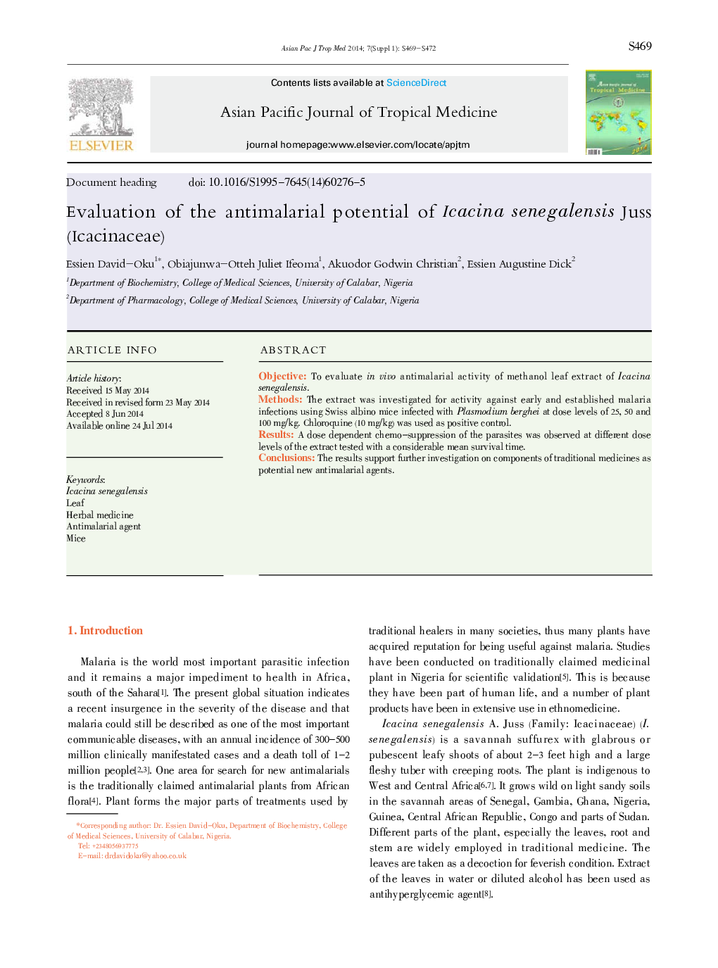 Evaluation of the antimalarial potential of Icacina senegalensis Juss (Icacinaceae) 