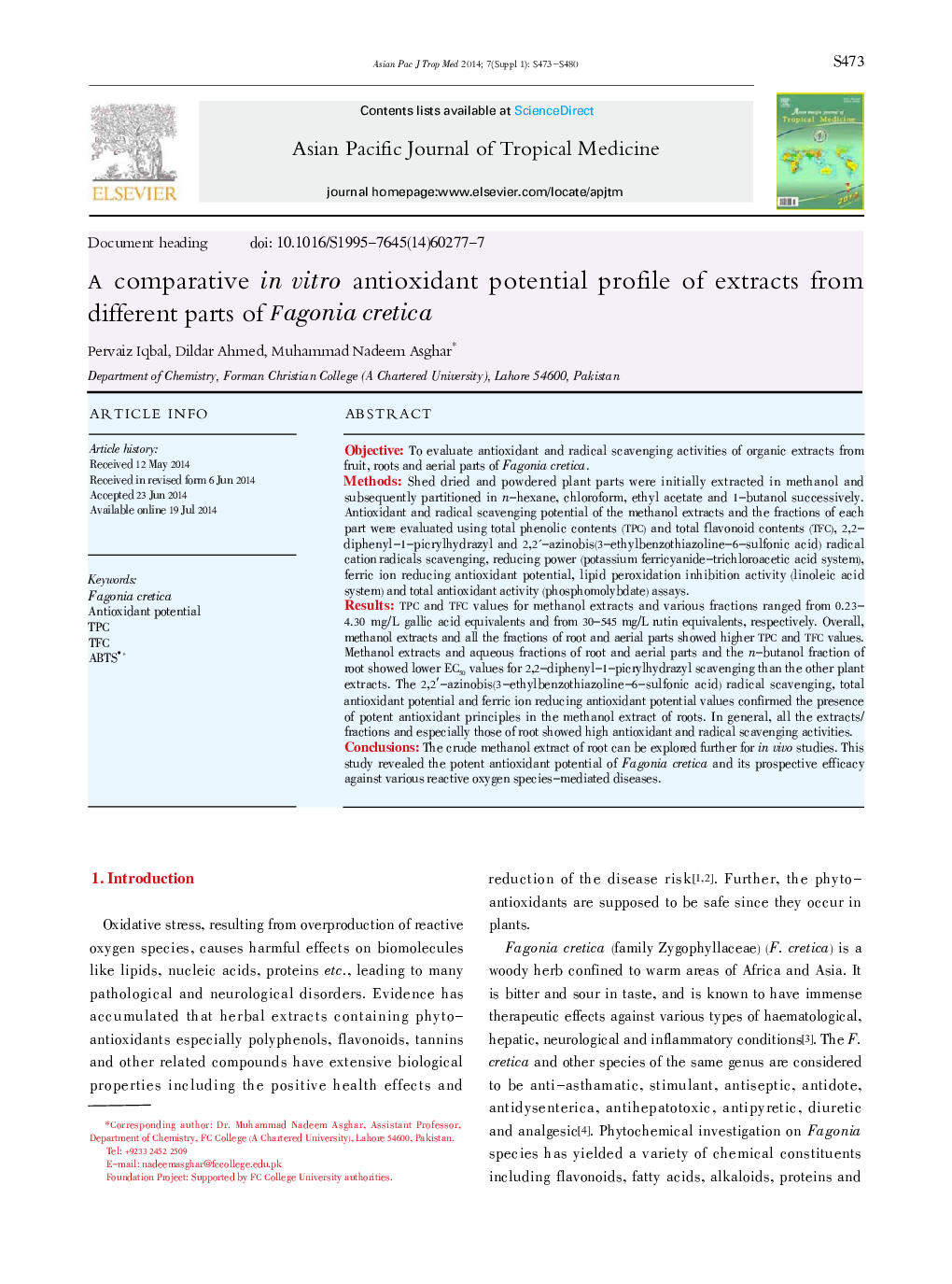 A comparative in vitro antioxidant potential profile of extracts from different parts of Fagonia cretica 