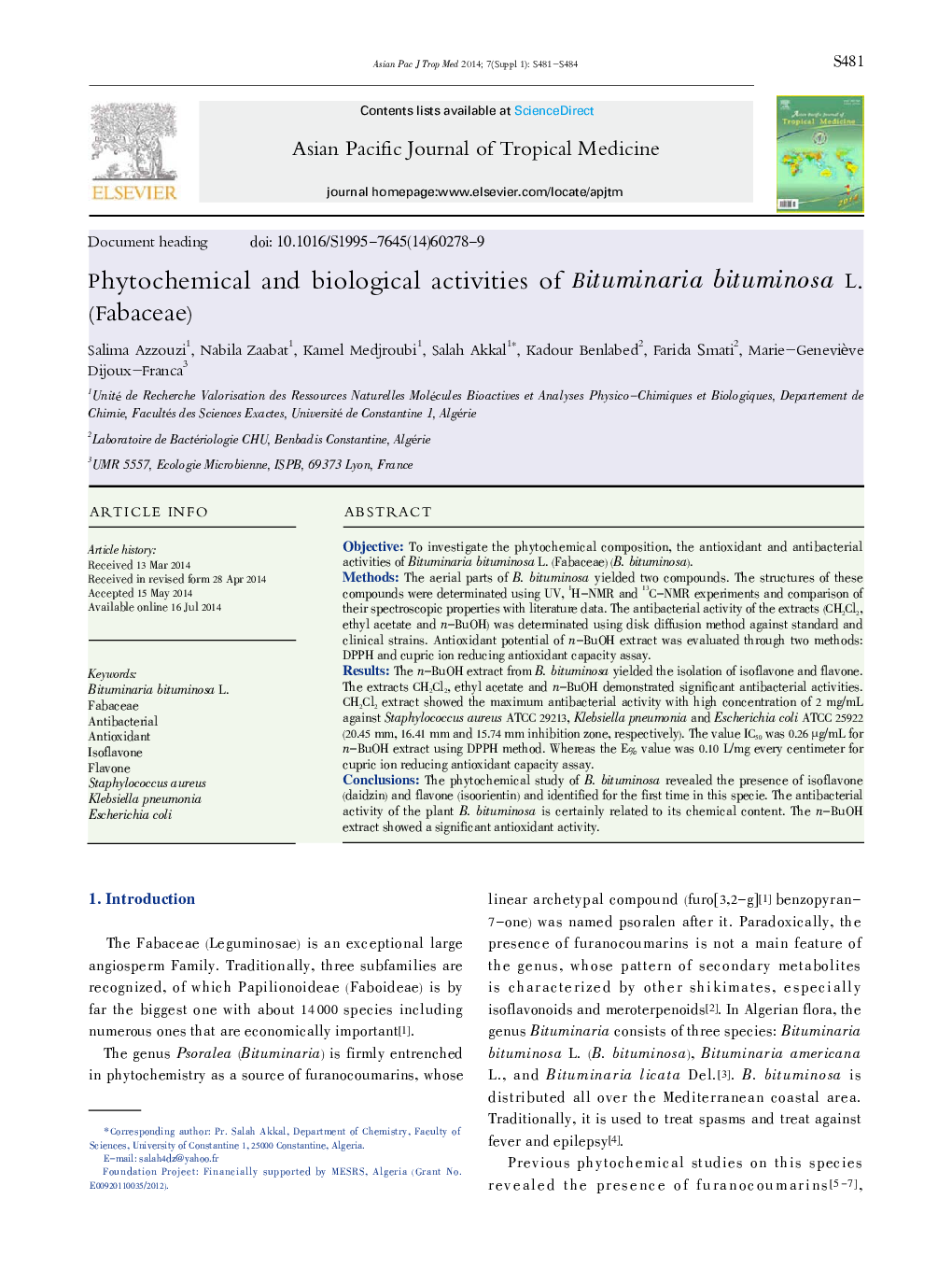 Phytochemical and biological activities of Bituminaria bituminosa L. (Fabaceae) 