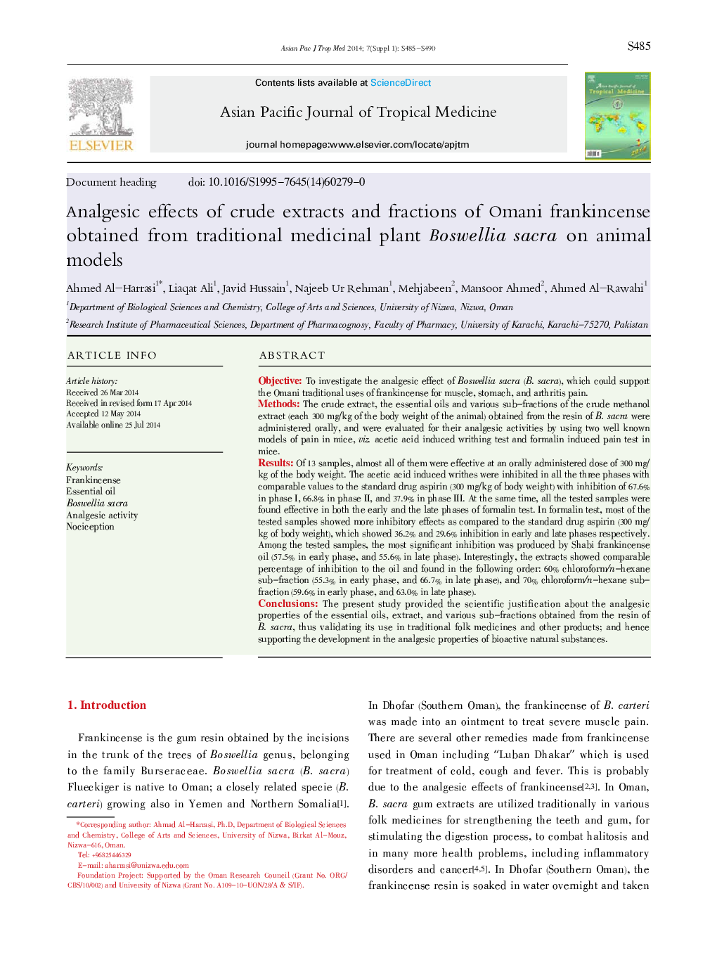 Analgesic effects of crude extracts and fractions of Omani frankincense obtained from traditional medicinal plant Boswellia sacra on animal models 