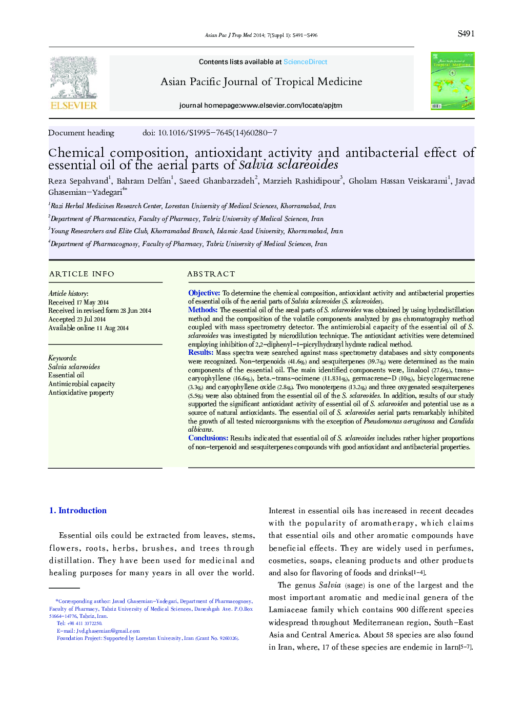 Chemical composition, antioxidant activity and antibacterial effect of essential oil of the aerial parts of Salvia sclareoides 