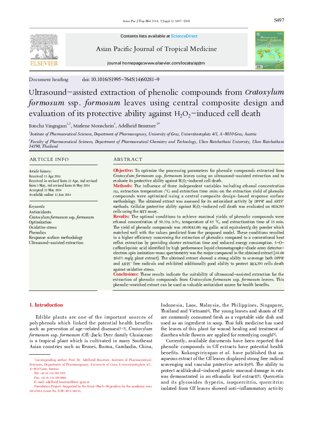 Ultrasound-assisted extraction of phenolic compounds from Cratoxylum formosum ssp. formosum leaves using central composite design and evaluation of its protective ability against H2O2-induced cell death 