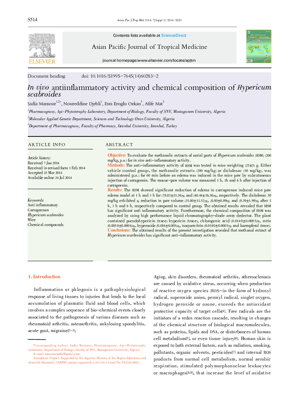 In vivo antiinflammatory activity and chemical composition of Hypericum scabroides 