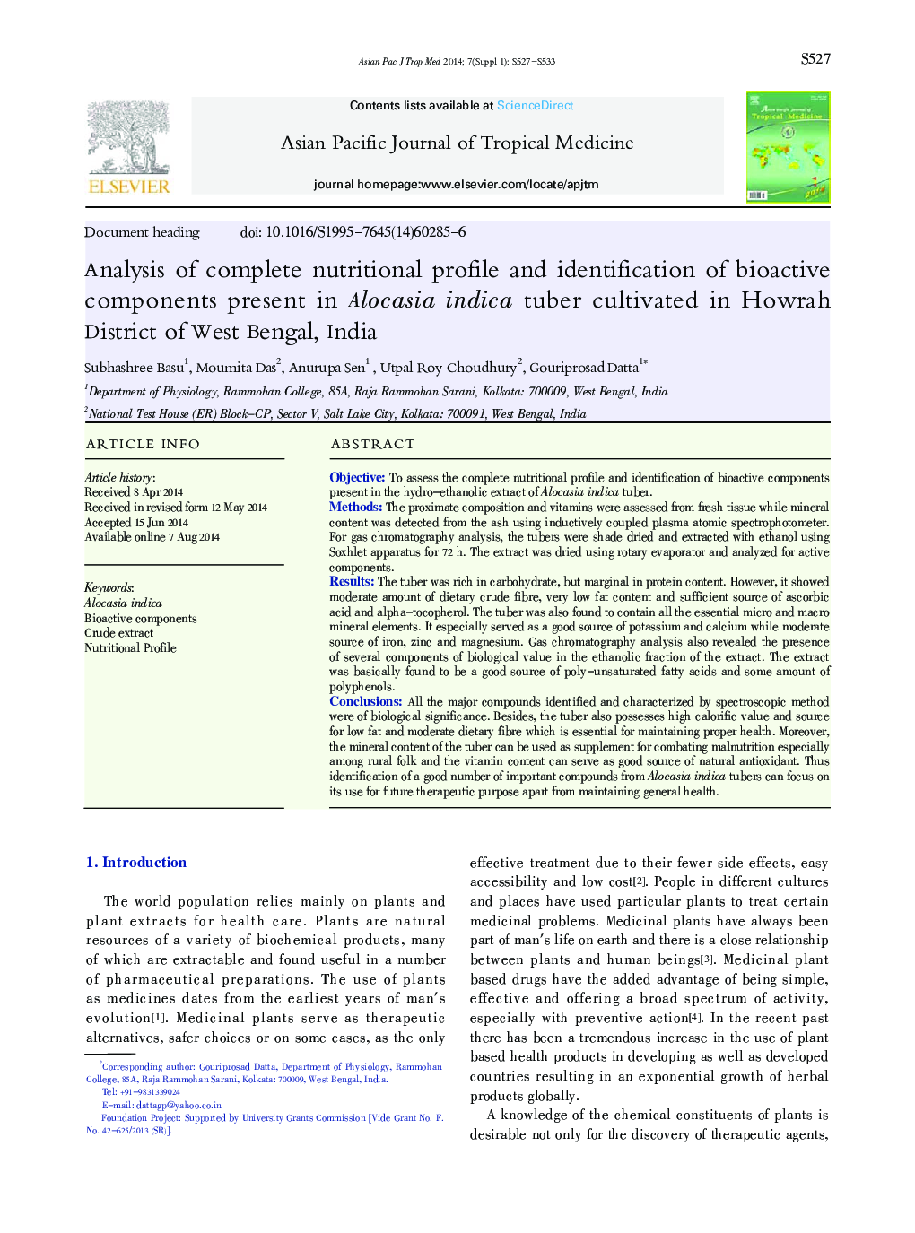 Analysis of complete nutritional profile and identification of bioactive components present in Alocasia indica tuber cultivated in Howrah District of West Bengal, India 