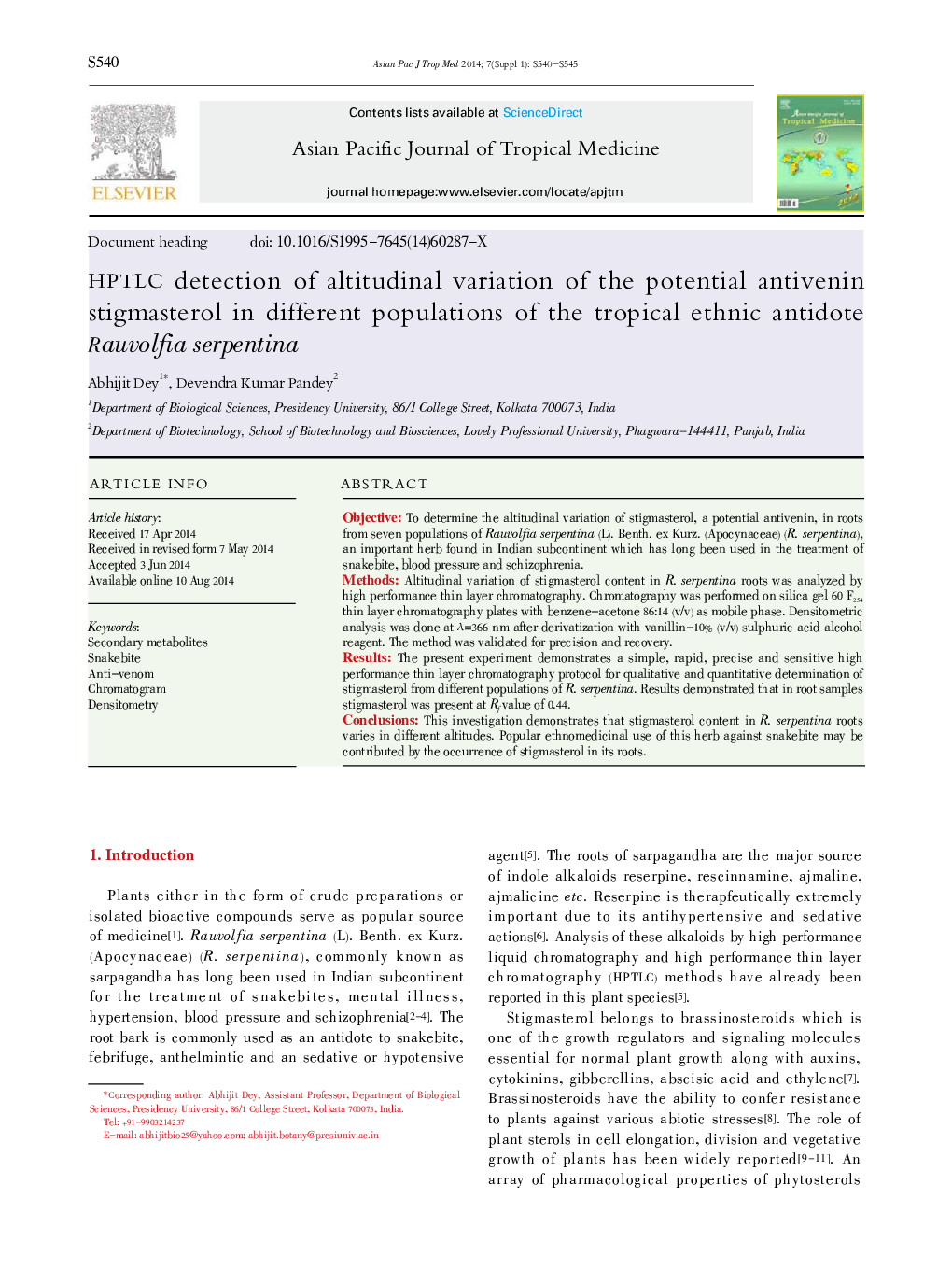 HPTLC detection of altitudinal variation of the potential antivenin stigmasterol in different populations of the tropical ethnic antidote Rauvolfia serpentina 