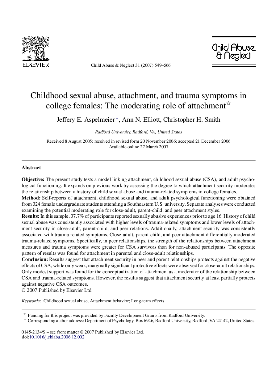 Childhood sexual abuse, attachment, and trauma symptoms in college females: The moderating role of attachment 