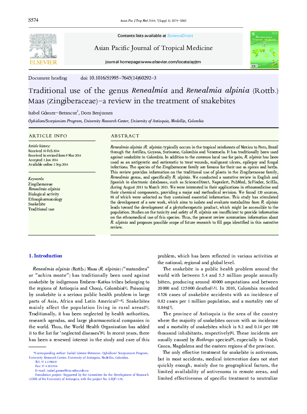 Traditional use of the genus Renealmia and Renealmia alpinia (Rottb.) Maas (Zingiberaceae)-a review in the treatment of snakebites 
