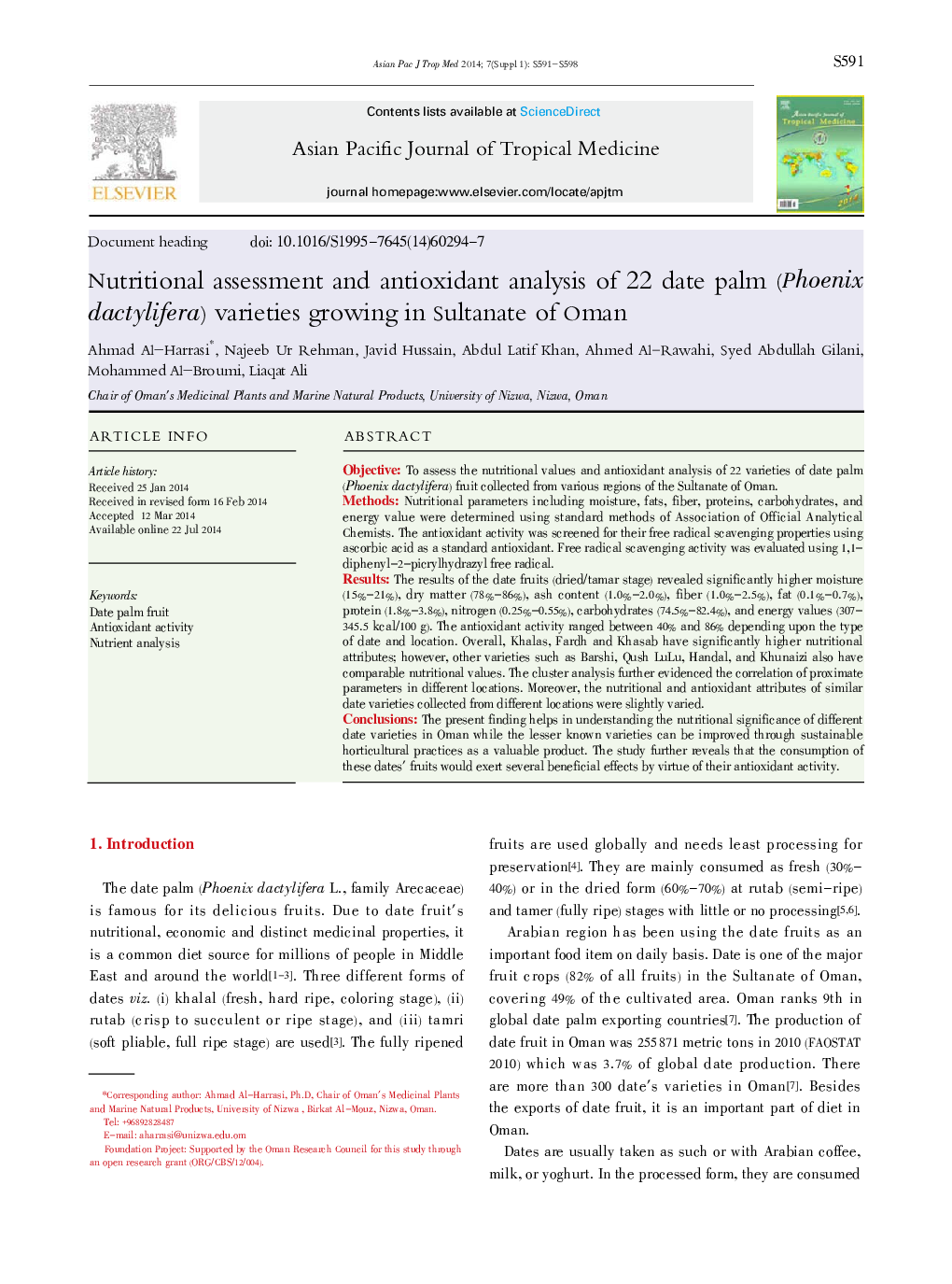 Nutritional assessment and antioxidant analysis of 22 date palm (Phoenix dactylifera) varieties growing in Sultanate of Oman 