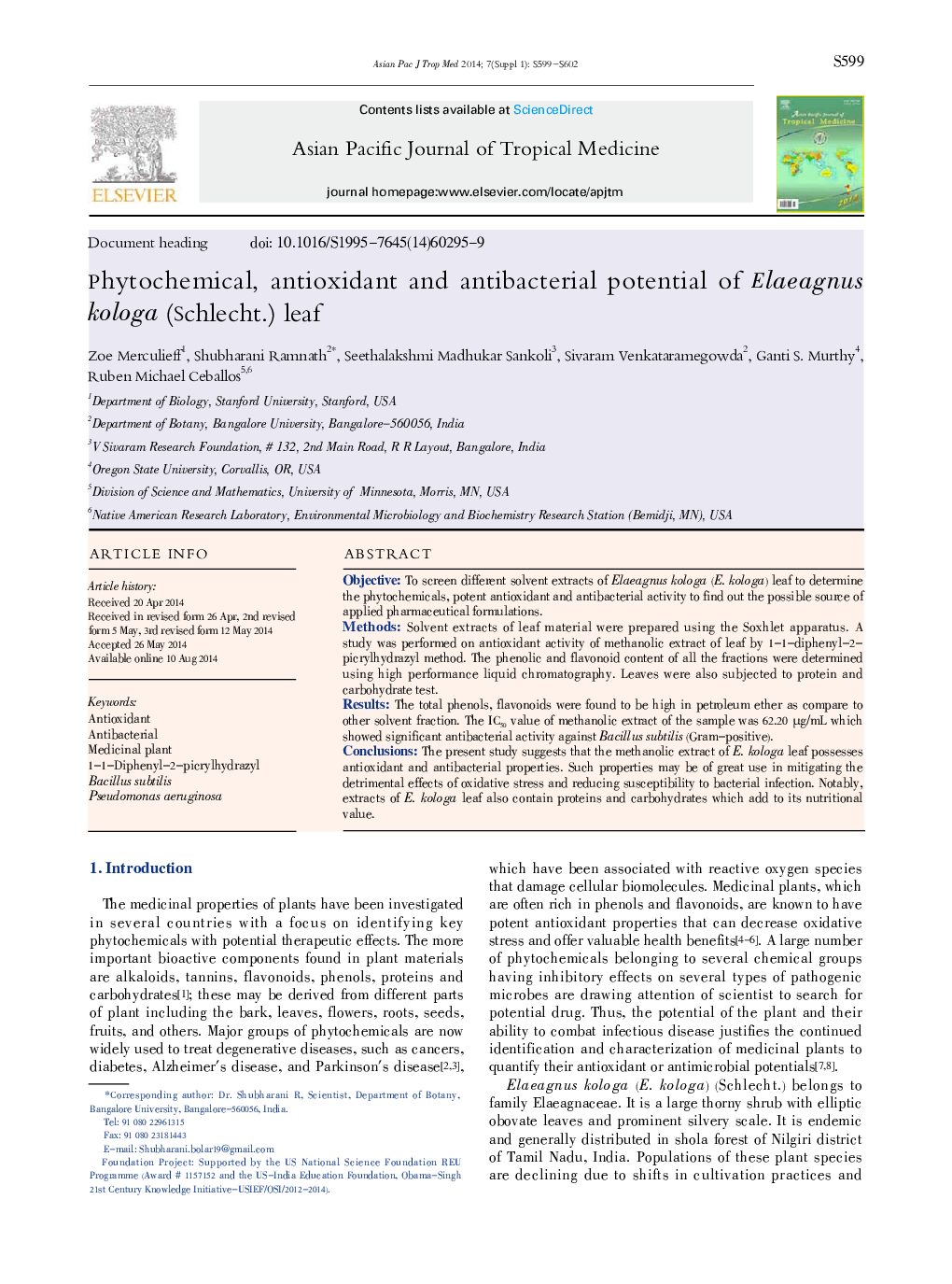 Phytochemical, antioxidant and antibacterial potential of Elaeagnus kologa (Schlecht.) leaf 