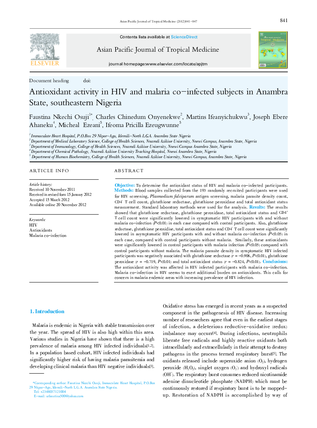 Antioxidant activity in HIV and malaria co-infected subjects in Anambra State, southeastern Nigeria 