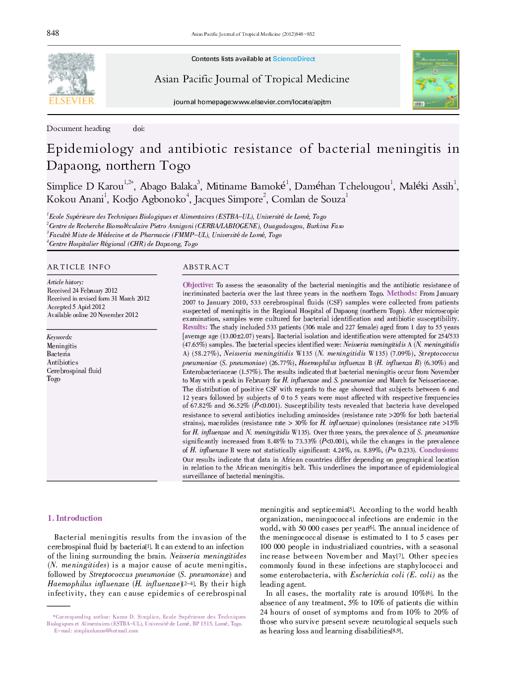 Epidemiology and antibiotic resistance of bacterial meningitis in Dapaong, northern Togo 