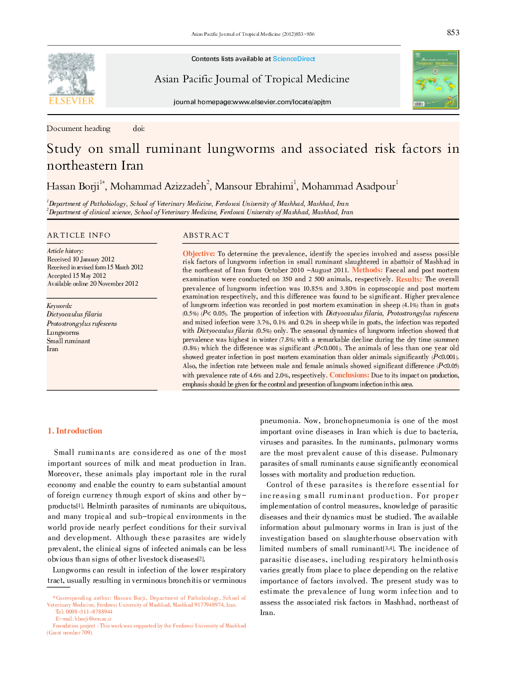Study on small ruminant lungworms and associated risk factors in northeastern Iran 