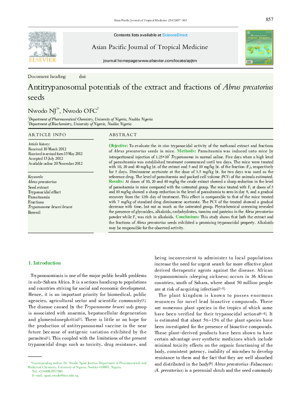 Antitrypanosomal potentials of the extract and fractions of Abrus precatorius seeds 