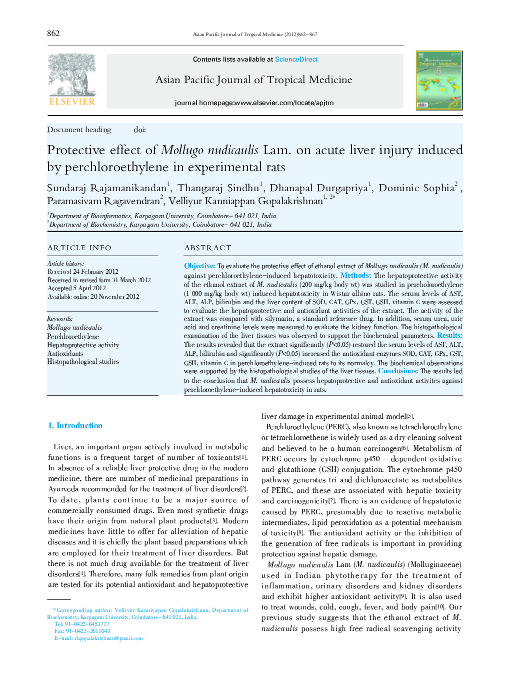 Protective effect of Mollugo nudicaulis Lam. on acute liver injury induced by perchloroethylene in experimental rats 