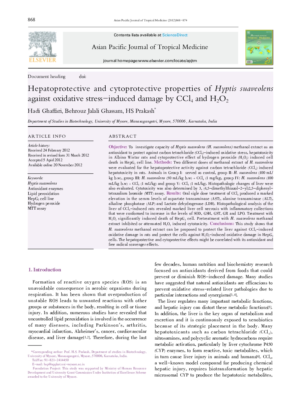 Hepatoprotective and cytoprotective properties of Hyptis suaveolens against oxidative stress–induced damage by CCl4 and H2O2