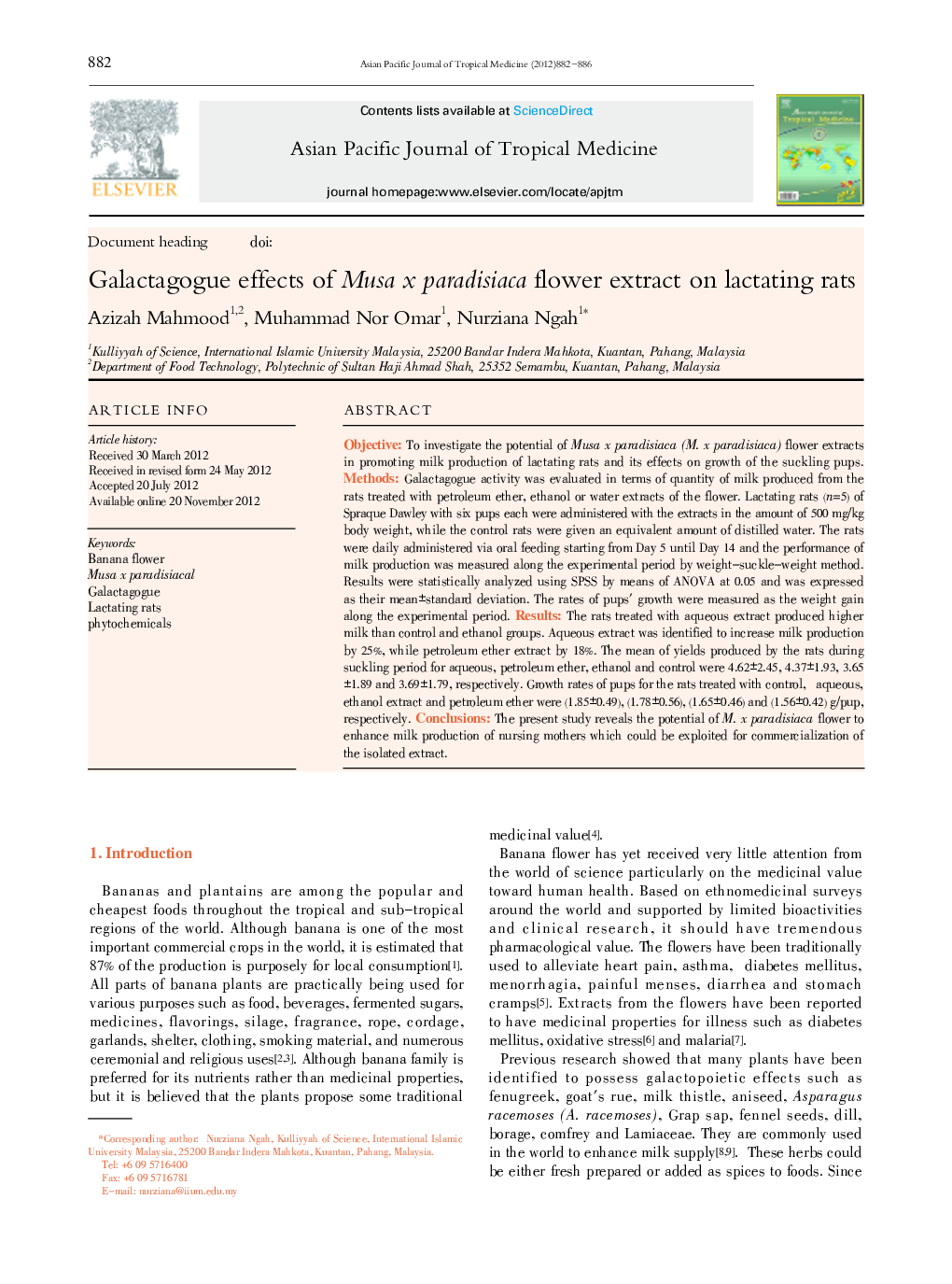 Galactagogue effects of Musa x paradisiaca flower extract on lactating rats 