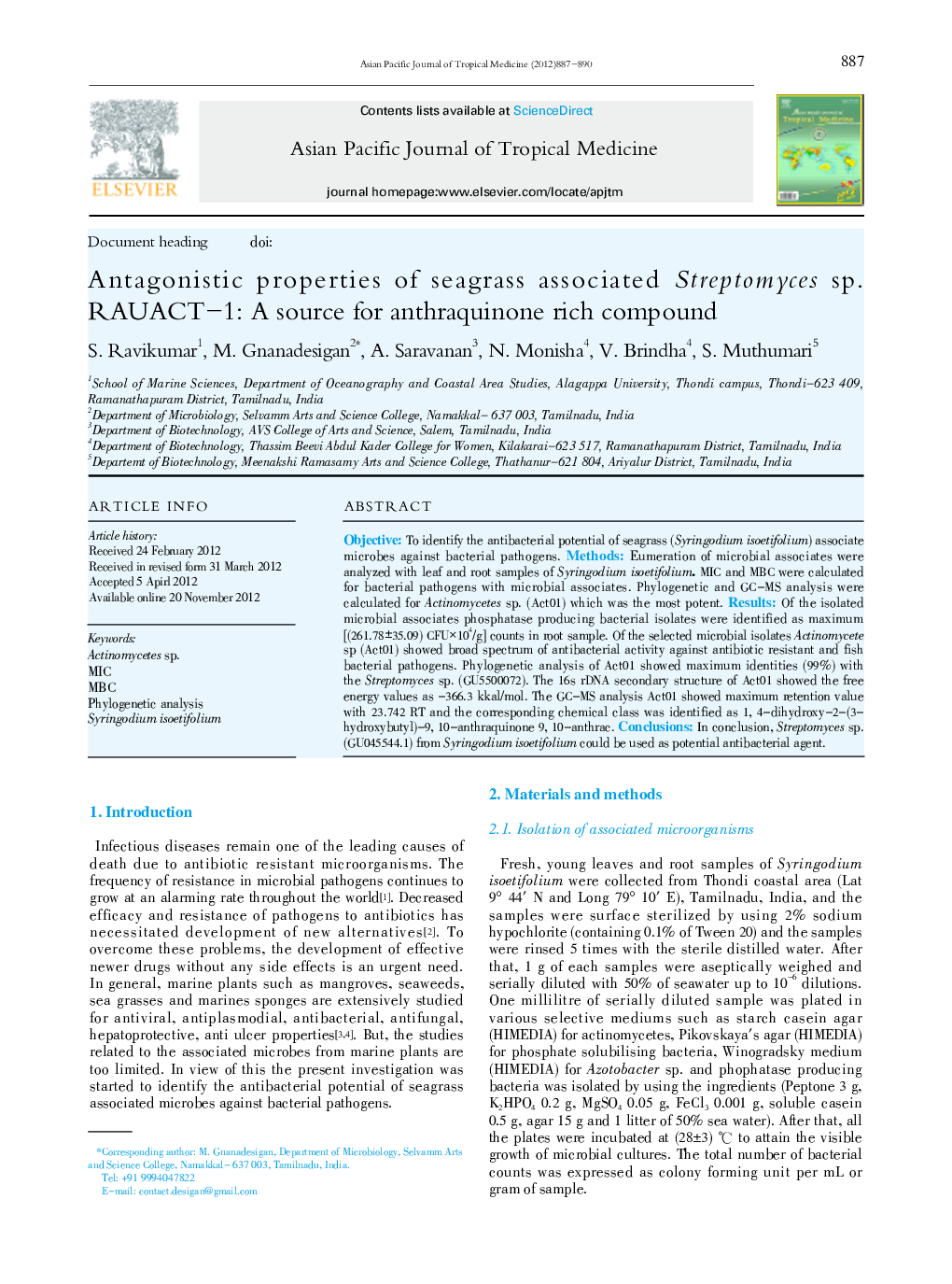 Antagonistic properties of seagrass associated Streptomyces sp. RAUACT-1: A source for anthraquinone rich compound 