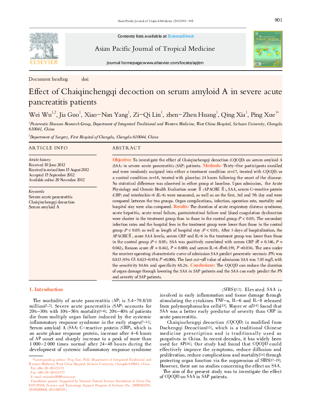 Effect of Chaiqinchengqi decoction on serum amyloid A in severe acute pancreatitis patients 