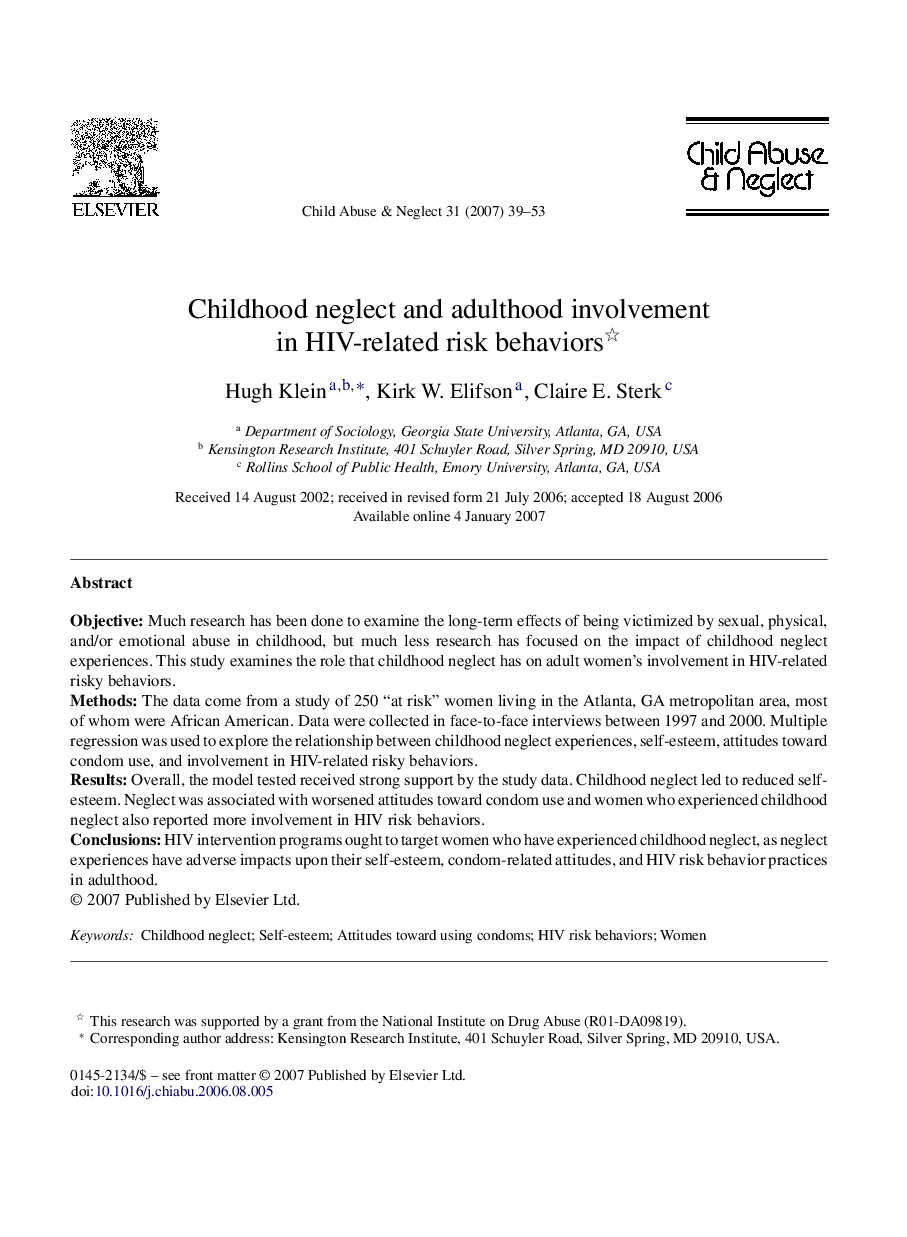 Childhood neglect and adulthood involvement in HIV-related risk behaviors 