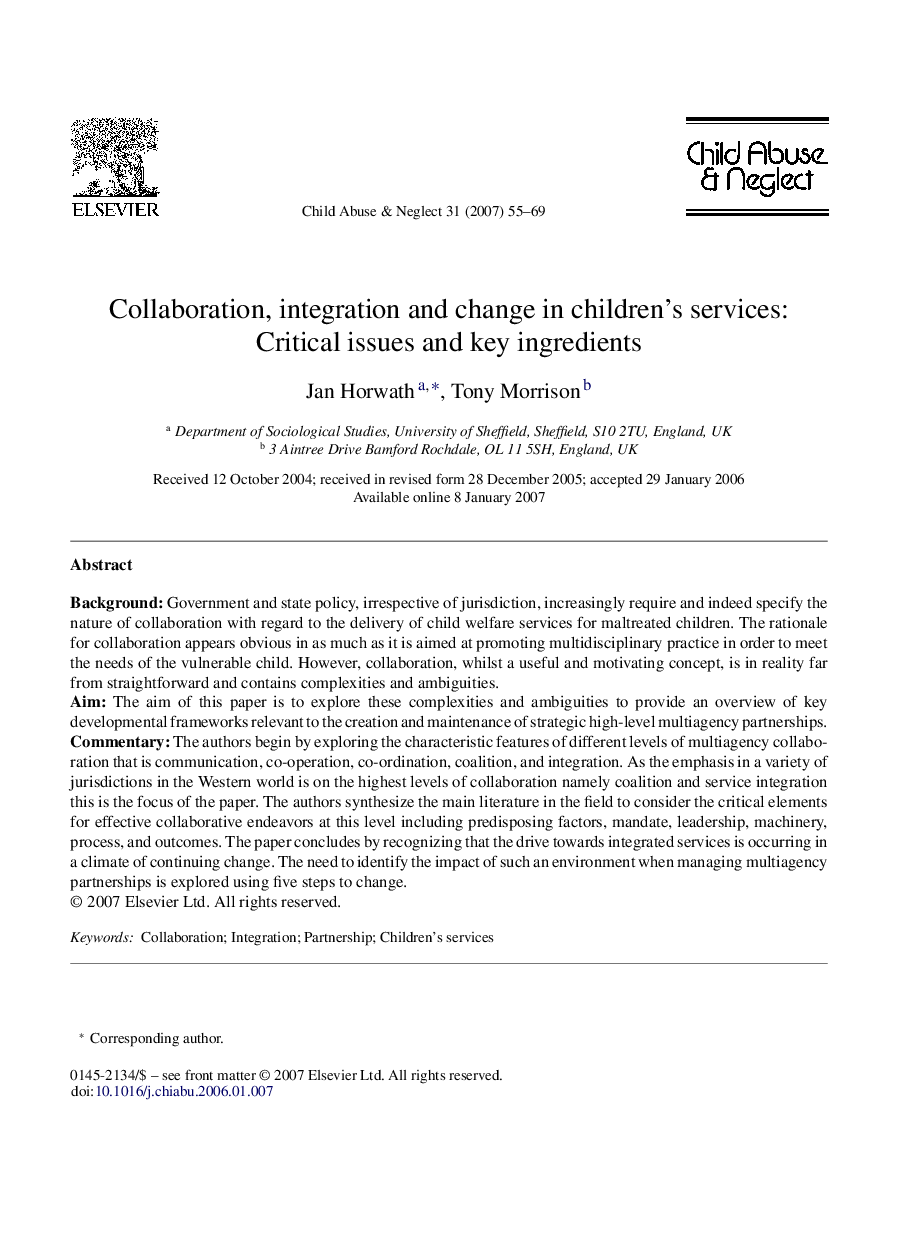 Collaboration, integration and change in children's services: Critical issues and key ingredients