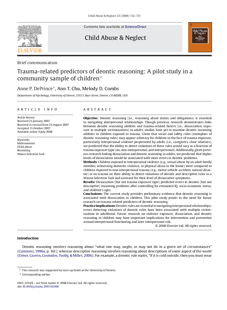 Trauma-related predictors of deontic reasoning: A pilot study in a community sample of children 