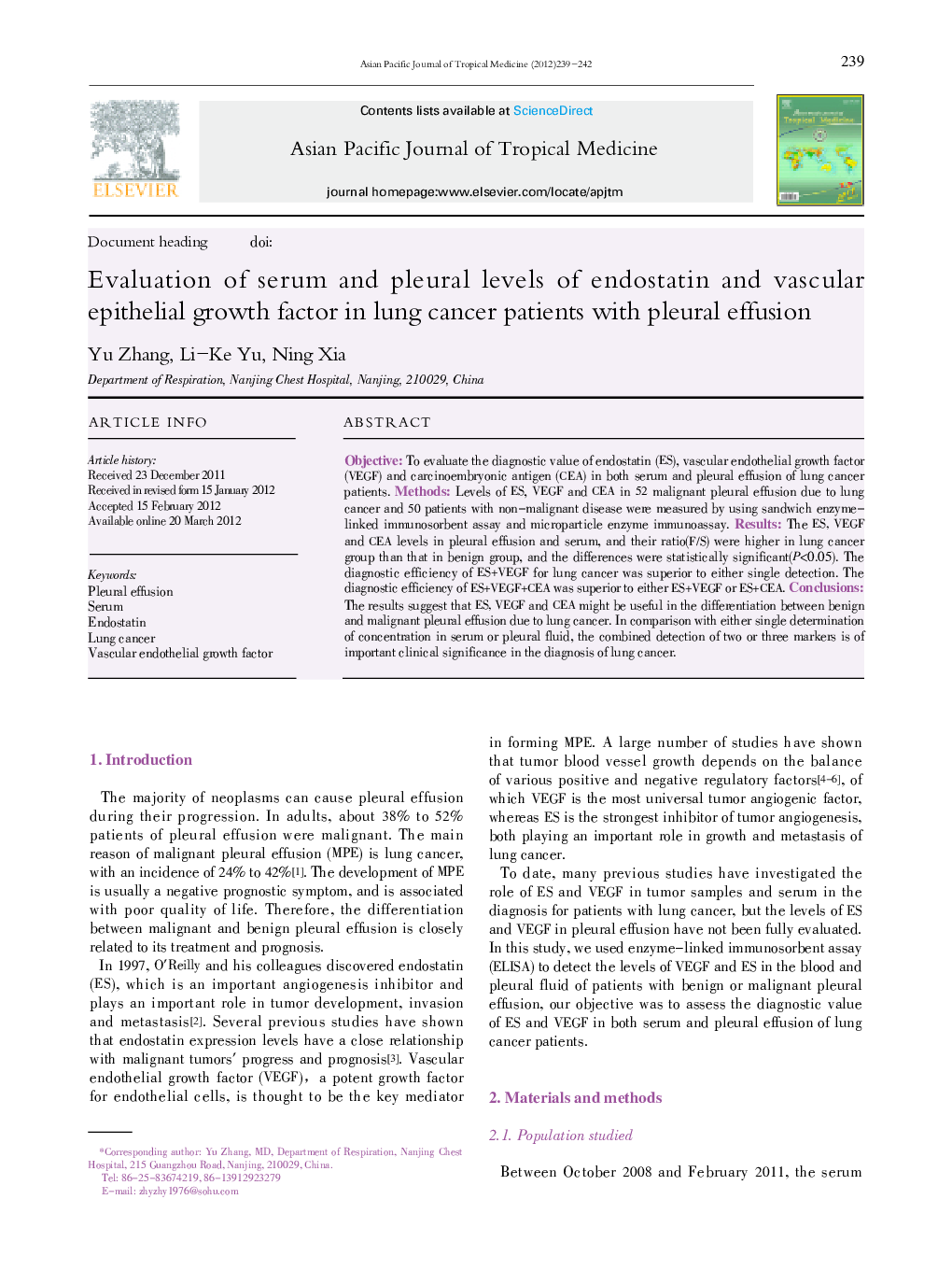 Evaluation of serum and pleural levels of endostatin and vascular epithelial growth factor in lung cancer patients with pleural effusion 