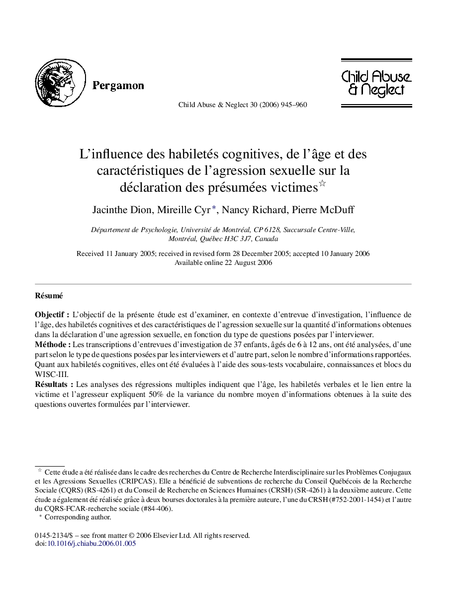 L’influence des habiletés cognitives, de l’âge et des caractéristiques de l’agression sexuelle sur la déclaration des présumées victimes 