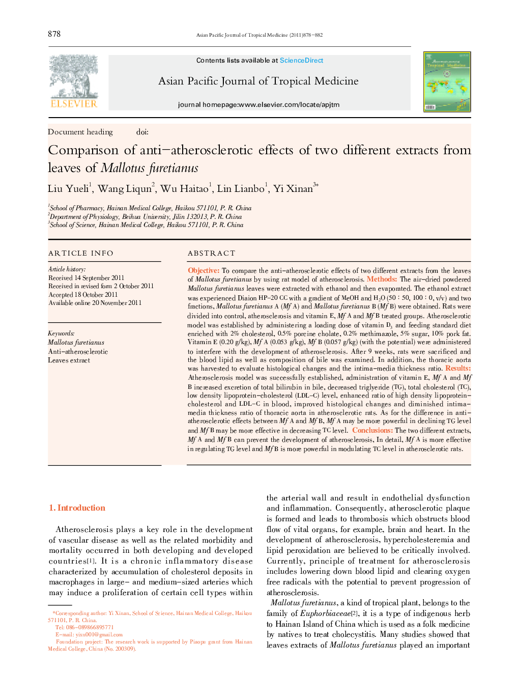 Comparison of anti–atherosclerotic effects of two different extracts from leaves of Mallotus furetianus 