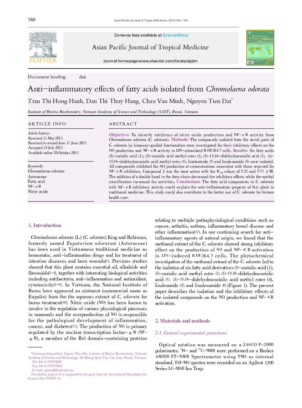 Anti-inflammatory effects of fatty acids isolated from Chromolaena odorata 