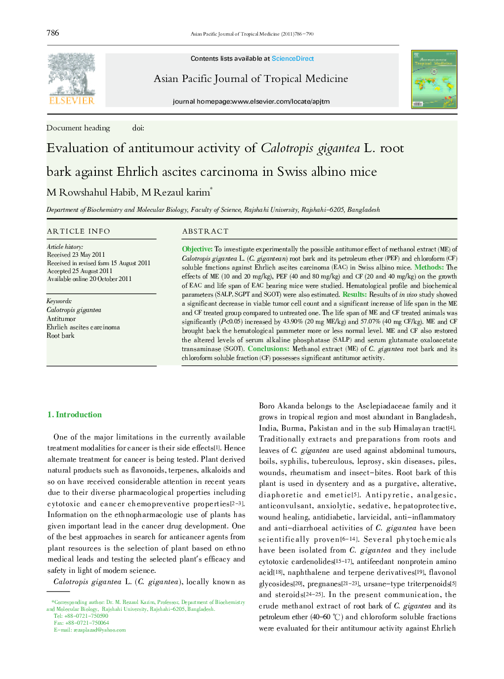 Evaluation of antitumour activity of Calotropis gigantea L. root bark against Ehrlich ascites carcinoma in Swiss albino mice 