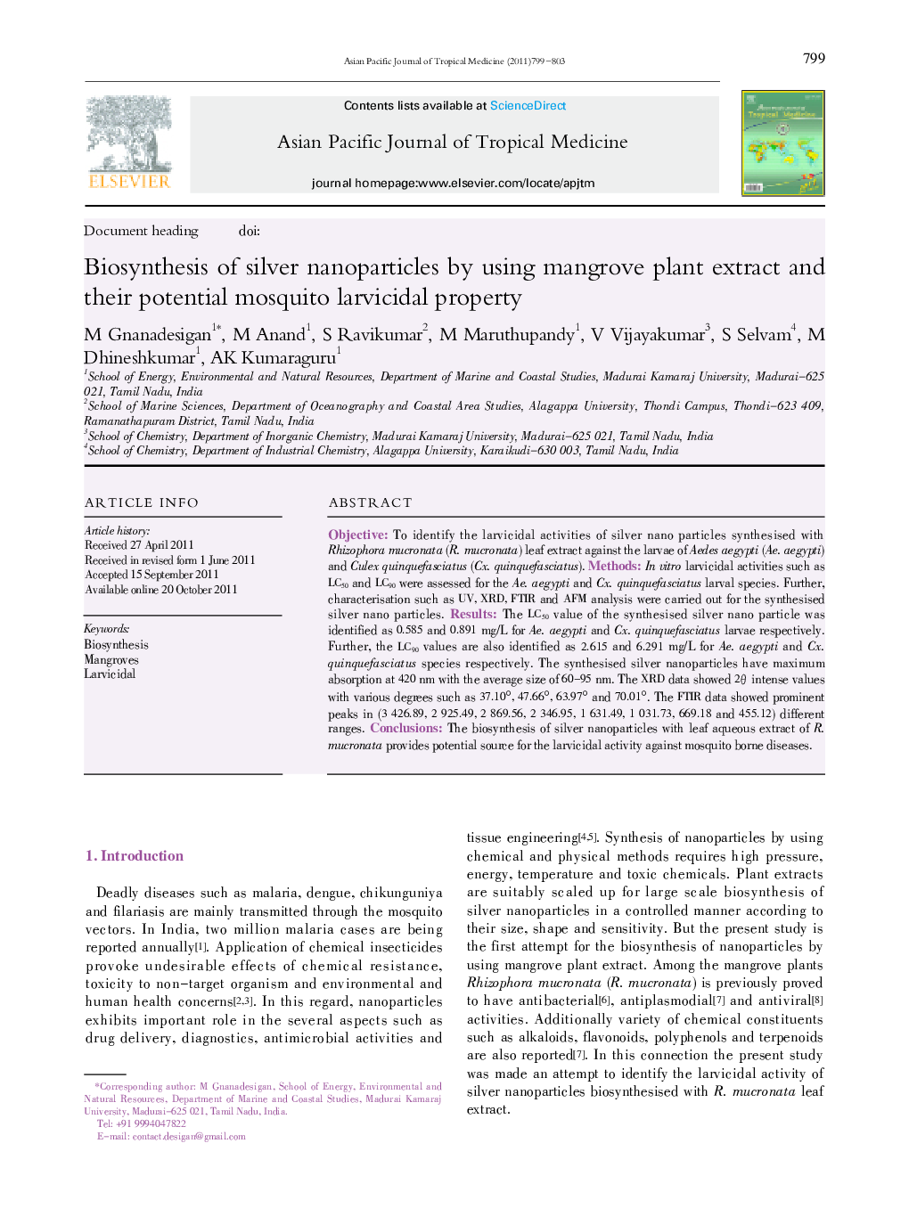 Biosynthesis of silver nanoparticles by using mangrove plant extract and their potential mosquito larvicidal property 