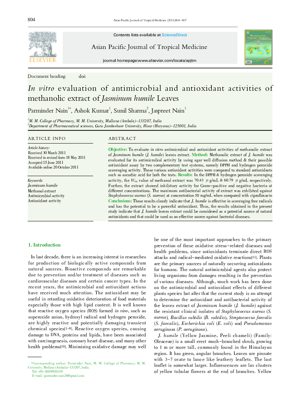 In vitro evaluation of antimicrobial and antioxidant activities of methanolic extract of Jasminum humile Leaves 