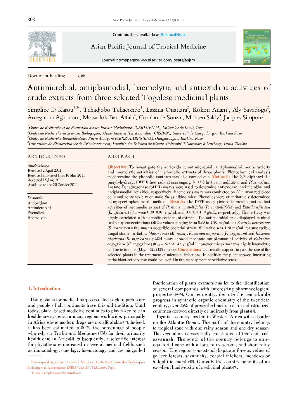 Antimicrobial, antiplasmodial, haemolytic and antioxidant activities of crude extracts from three selected Togolese medicinal plants 