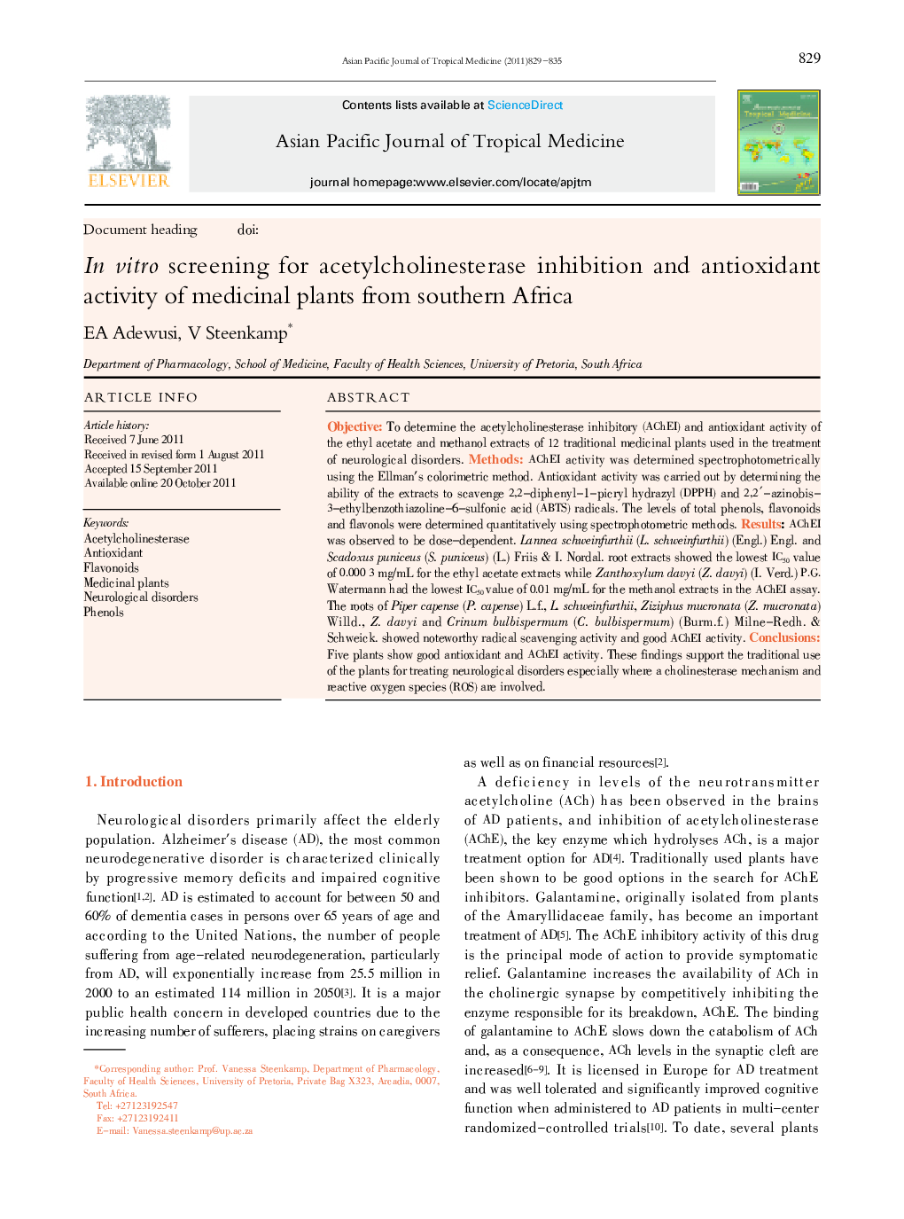 In vitro screening for acetylcholinesterase inhibition and antioxidant activity of medicinal plants from southern Africa 