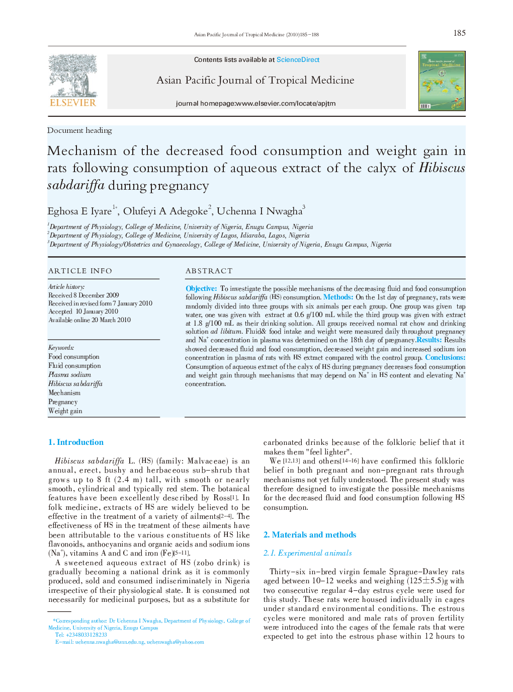 Mechanism of the decreased food consumption and weight gain in rats following consumption of aqueous extract of the calyx of Hibiscus sabdariffa during pregnancy 