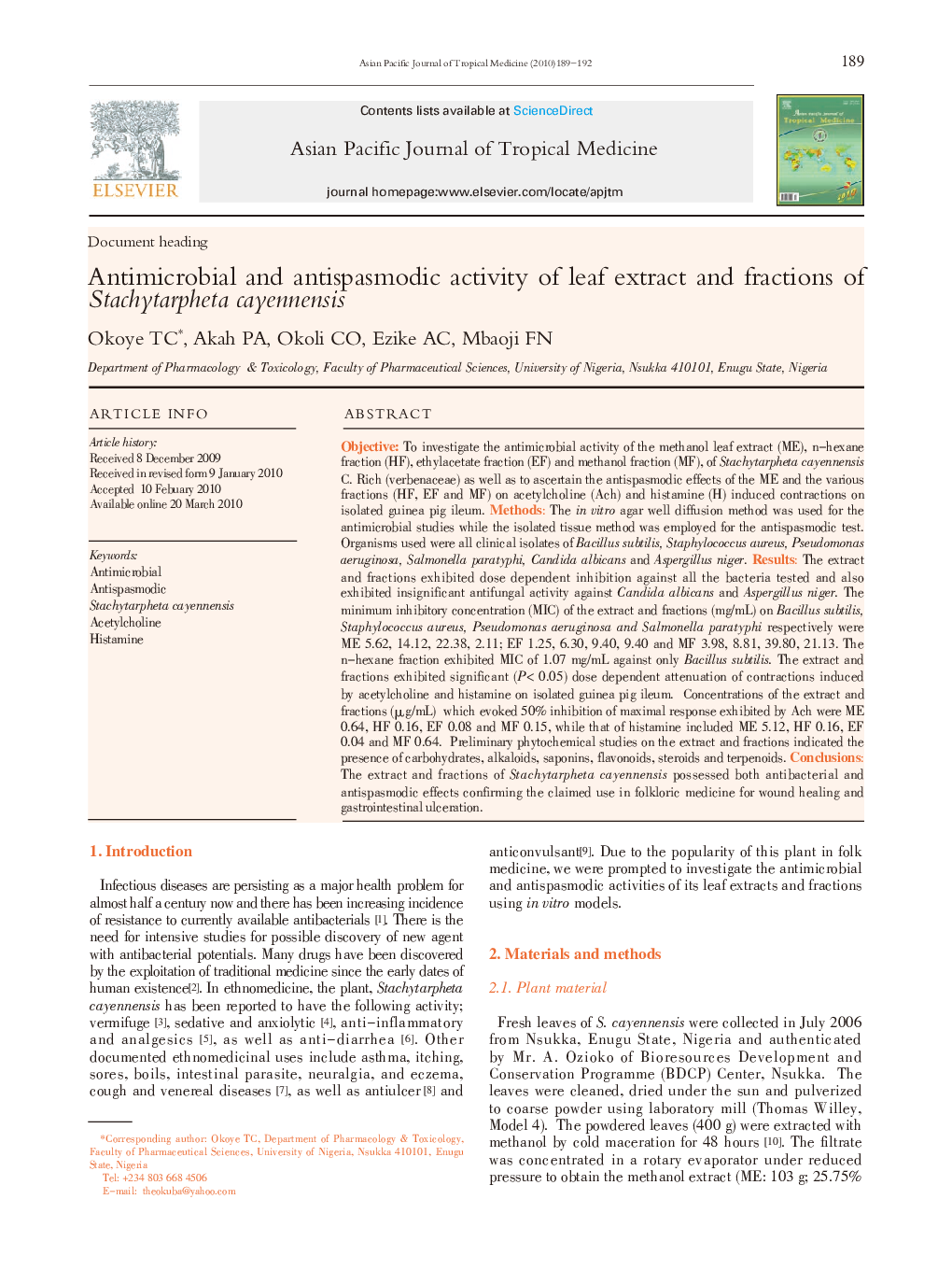 Antimicrobial and antispasmodic activity of leaf extract and fractions of Stachytarpheta cayennensis 