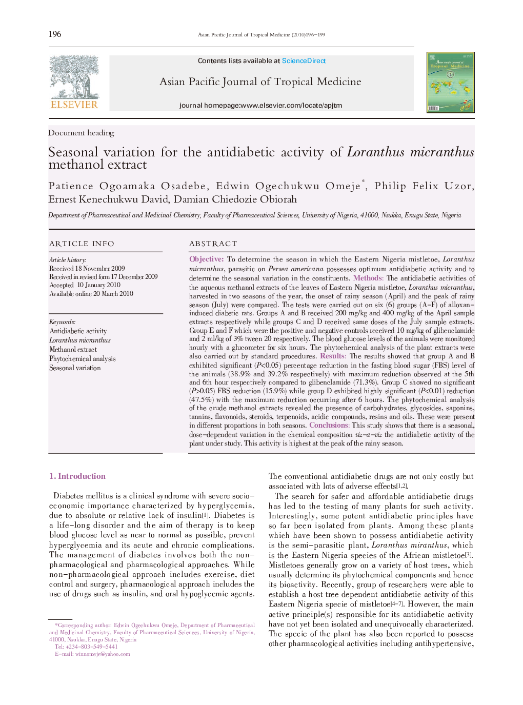 Seasonal variation for the antidiabetic activity of Loranthus micranthus methanol extract 