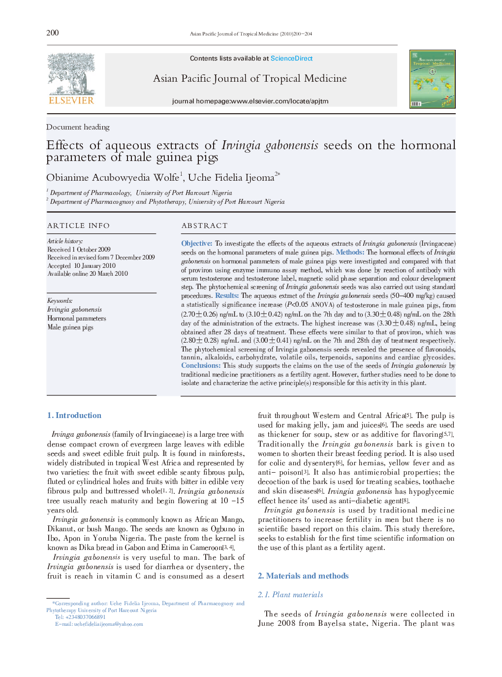 Effects of aqueous extracts of Irvingia gabonensis seeds on the hormonal parameters of male guinea pigs 