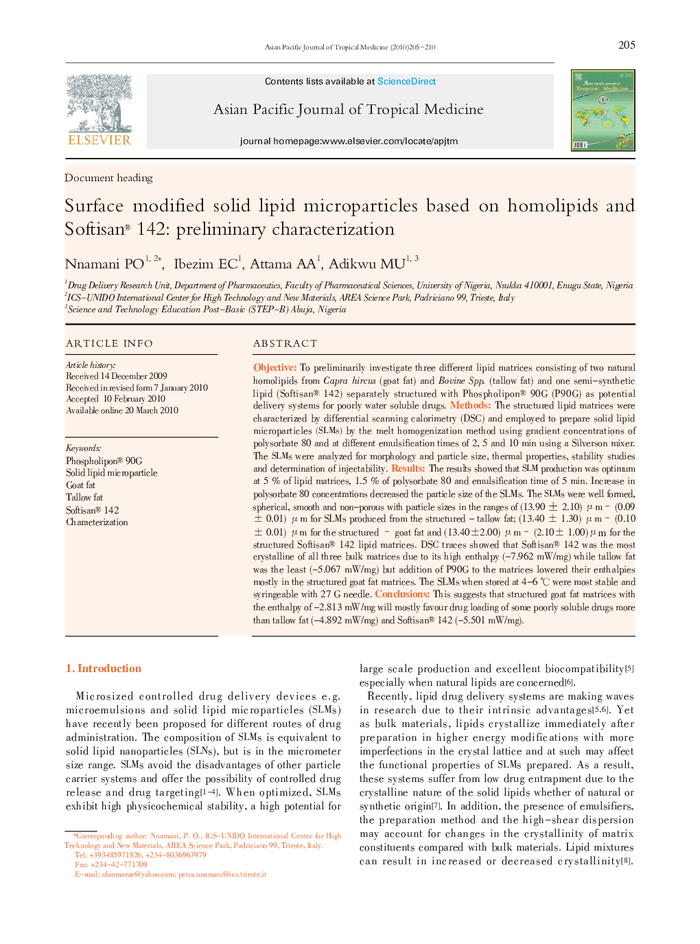 Surface modified solid lipid microparticles based on homolipids and Softisan® 142: preliminary characterization 