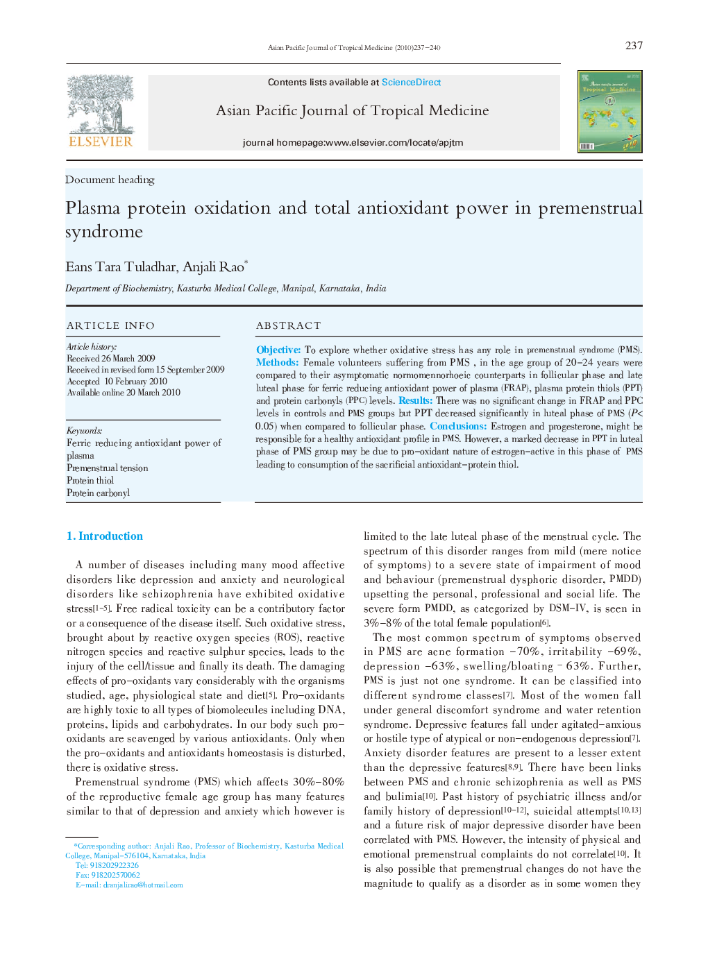 Plasma protein oxidation and total antioxidant power in premenstrual syndrome 