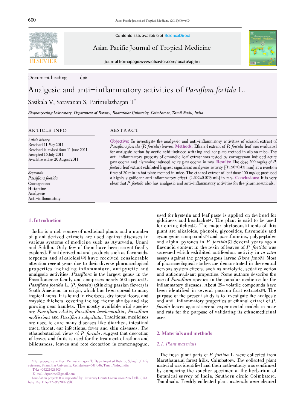 Analgesic and anti–inflammatory activities of Passiflora foetida L. 