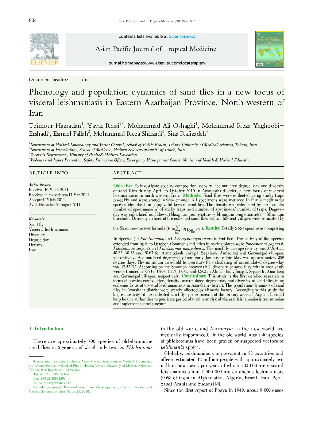 Phenology and population dynamics of sand flies in a new focus of visceral leishmaniasis in Eastern Azarbaijan Province, North western of Iran 